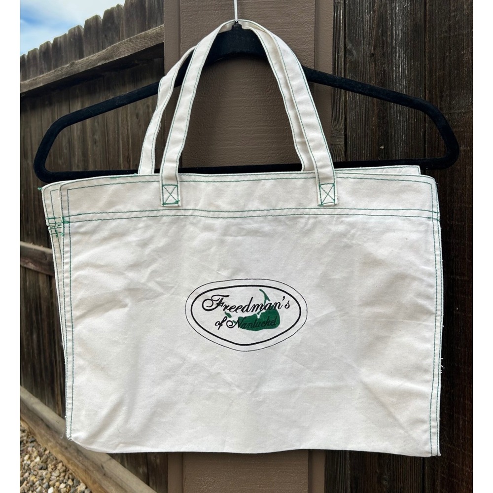 Freedman's of Nantucket 100% Cotton Canvas Tote Bag White Green Sailboat